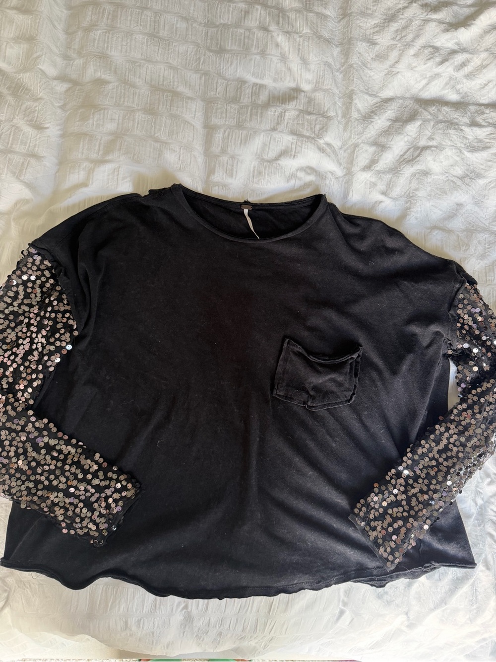 Free People Black Top with Sequin Sleeves